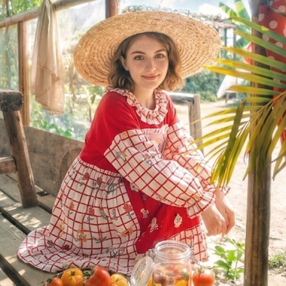 Red Smocked Prairie Dress with Grid Floral Print